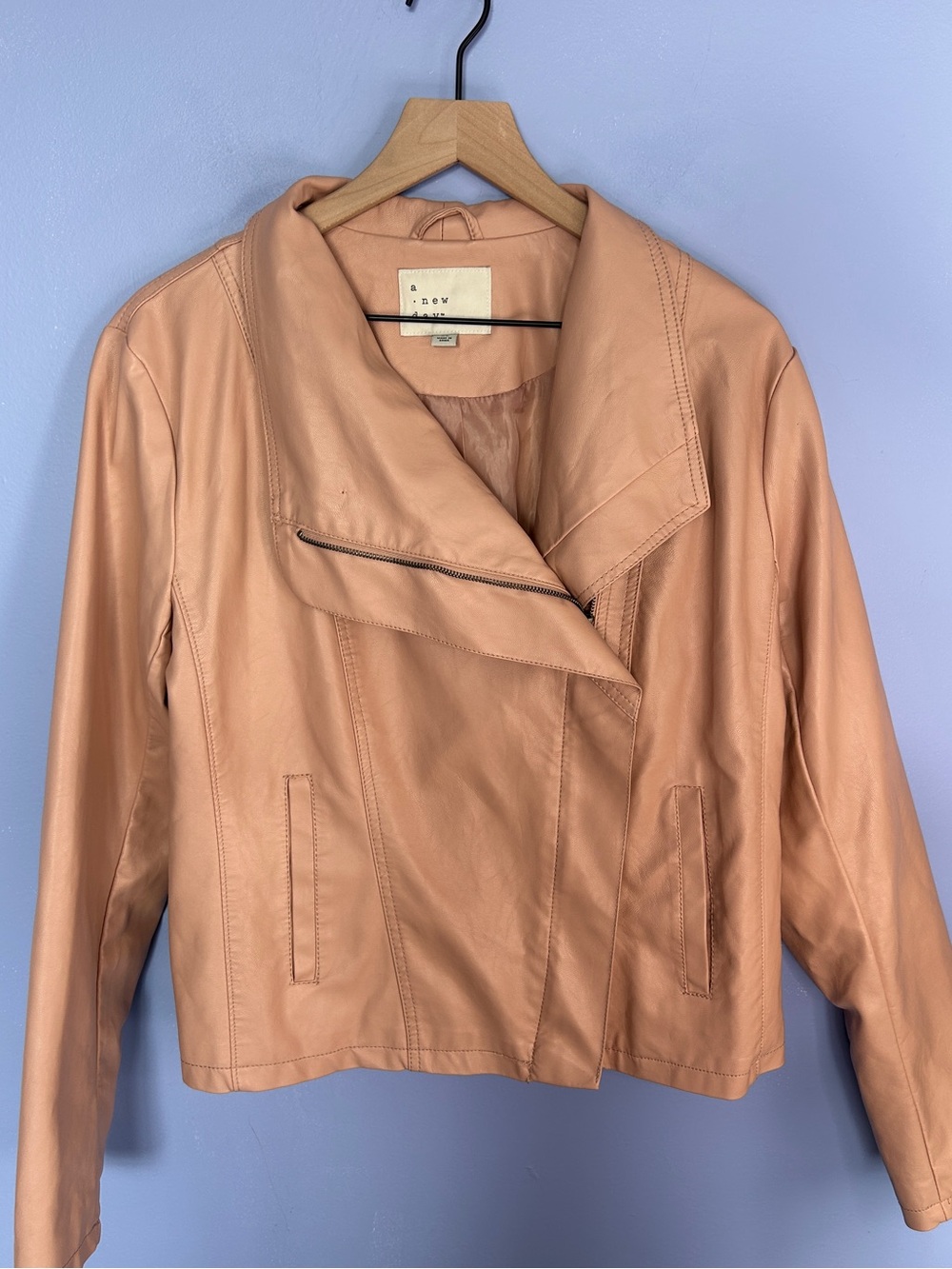 Blush pink faux leather moto jacket